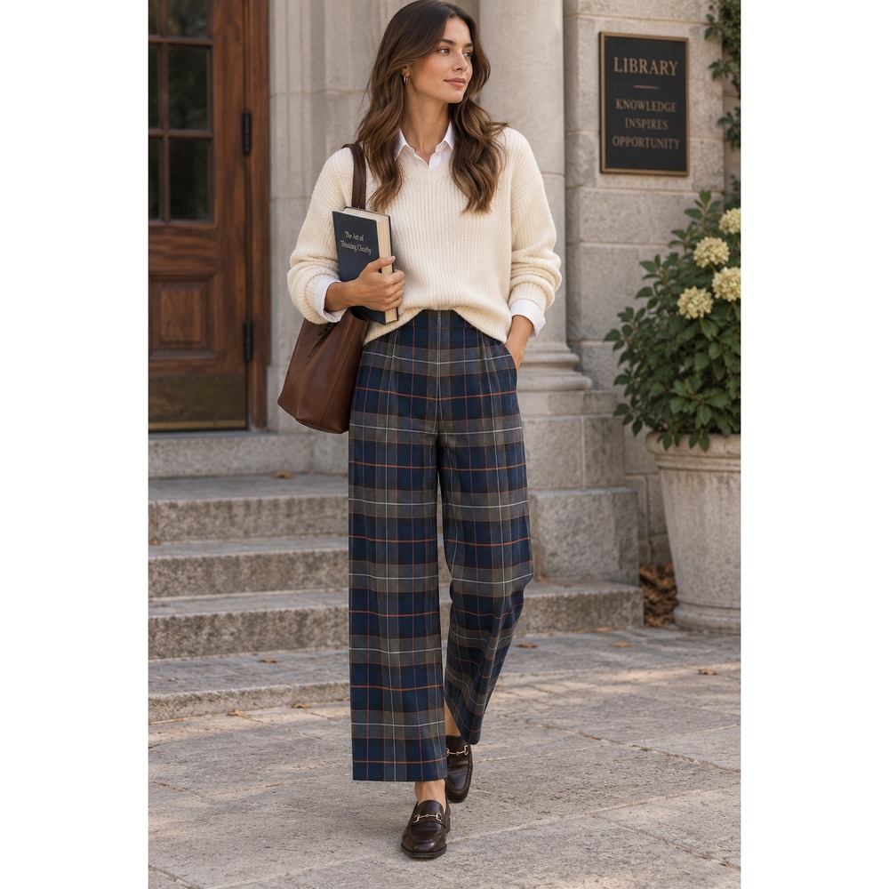 Zara Plaid Tartan Wide Leg Trousers Women Small Blue Cuffed Academia Preppy